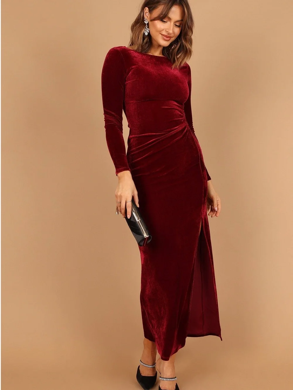 NEW Petal & Pup Sarine Burgundy Red Velvet Maxi Dress with Side Cutout S